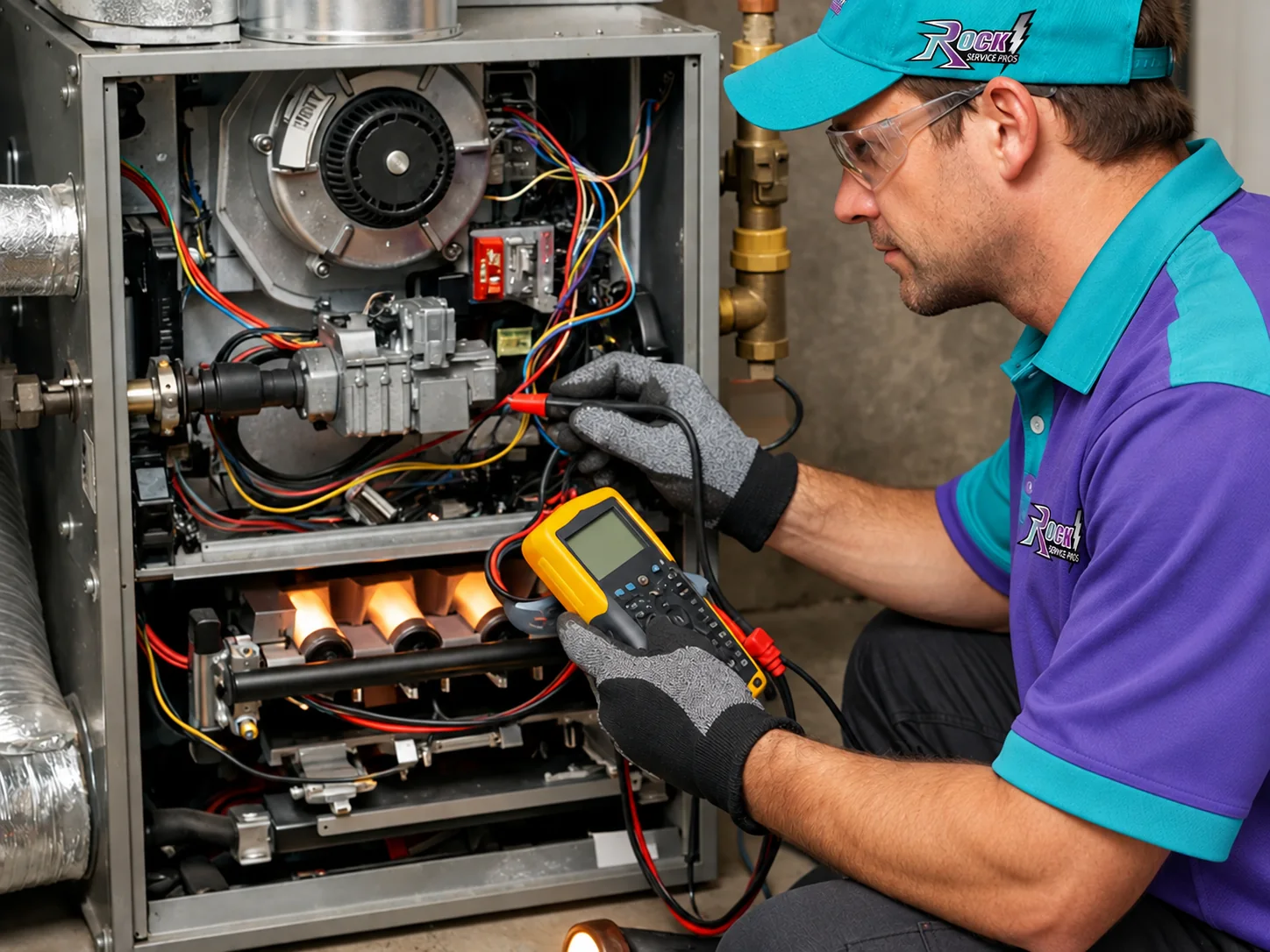 Technician diagnosing a furnace