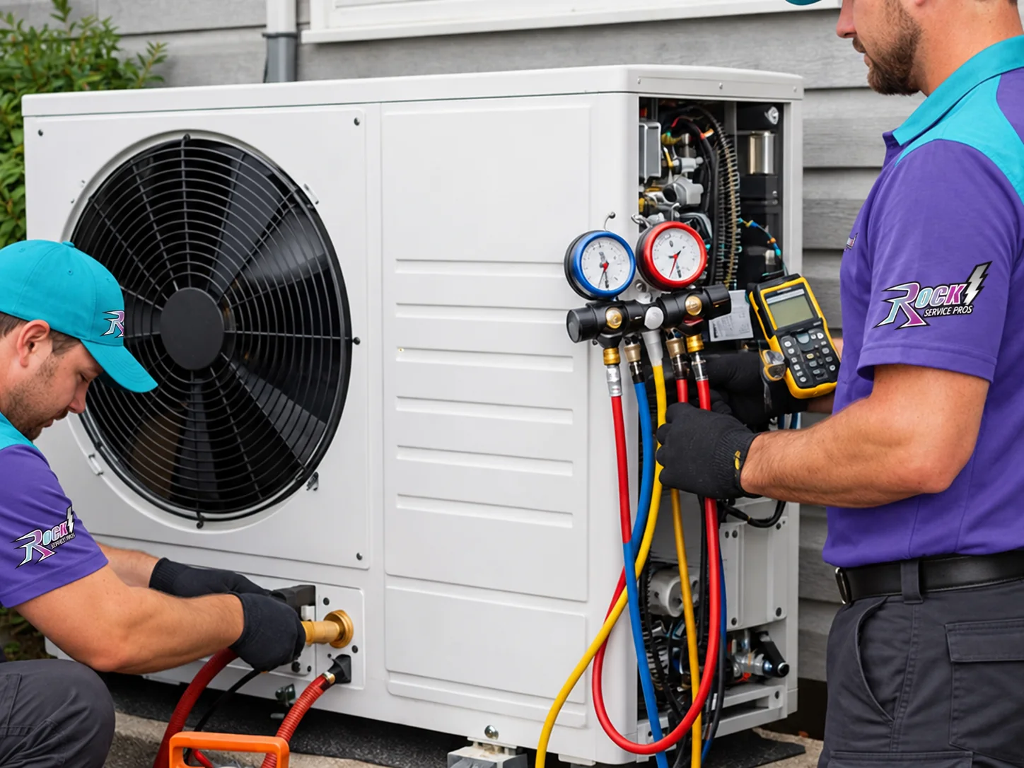 Rock technicians installing an outdoor heat pump